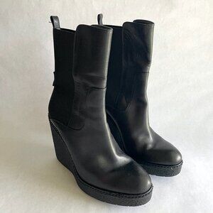 Moncler Women's Black Leather Wedge Ankle Boots Size 37 / US 6.5